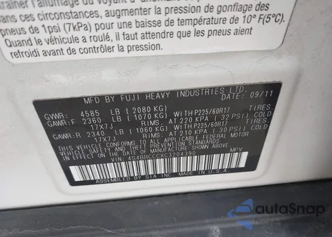 2012 Subaru Outback 2.5I Premium z USA, uszkodzony, nr VIN 4S4BRCCCXC3204390